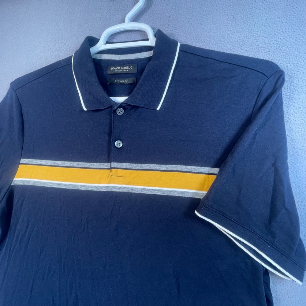 Banana Republic Polo Mens L Blue Luxury Touch Chest Stripe Standard Fit Cotton